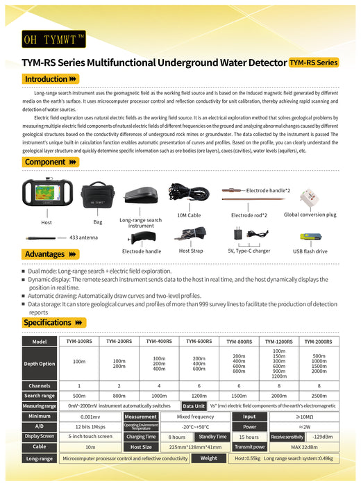 PQWT New TYM RS2000 Series Multi Functional Water Searching Geophysical Survey Well Water Detector Underground Finder